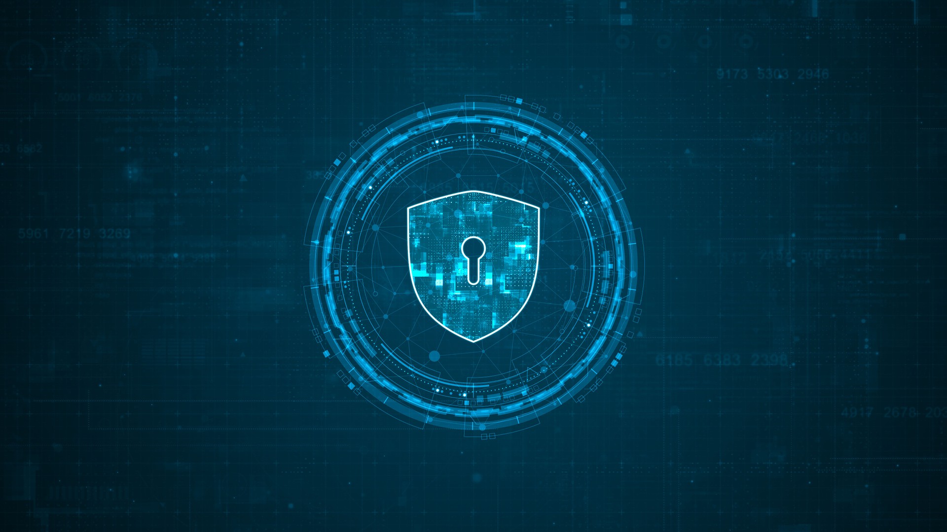 Blue digital security shield logo and circle futuristic HUD elements with flowing arrows with network firewall technology and data secure concepts on abstract background